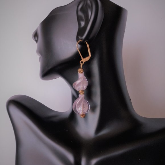 Handmade Pink Glass Dangle Earrings With Gold Tone Brass Lever Hooks 2.5 inches - Picture 14 of 16